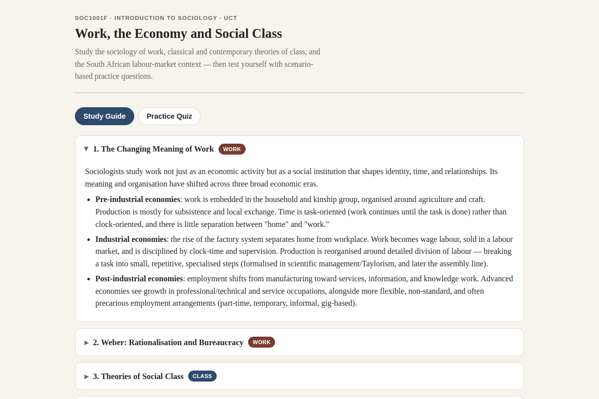 Preview of SOC1001F: Work, the Economy and Social Class — Marx, Weber & SA Labour Market