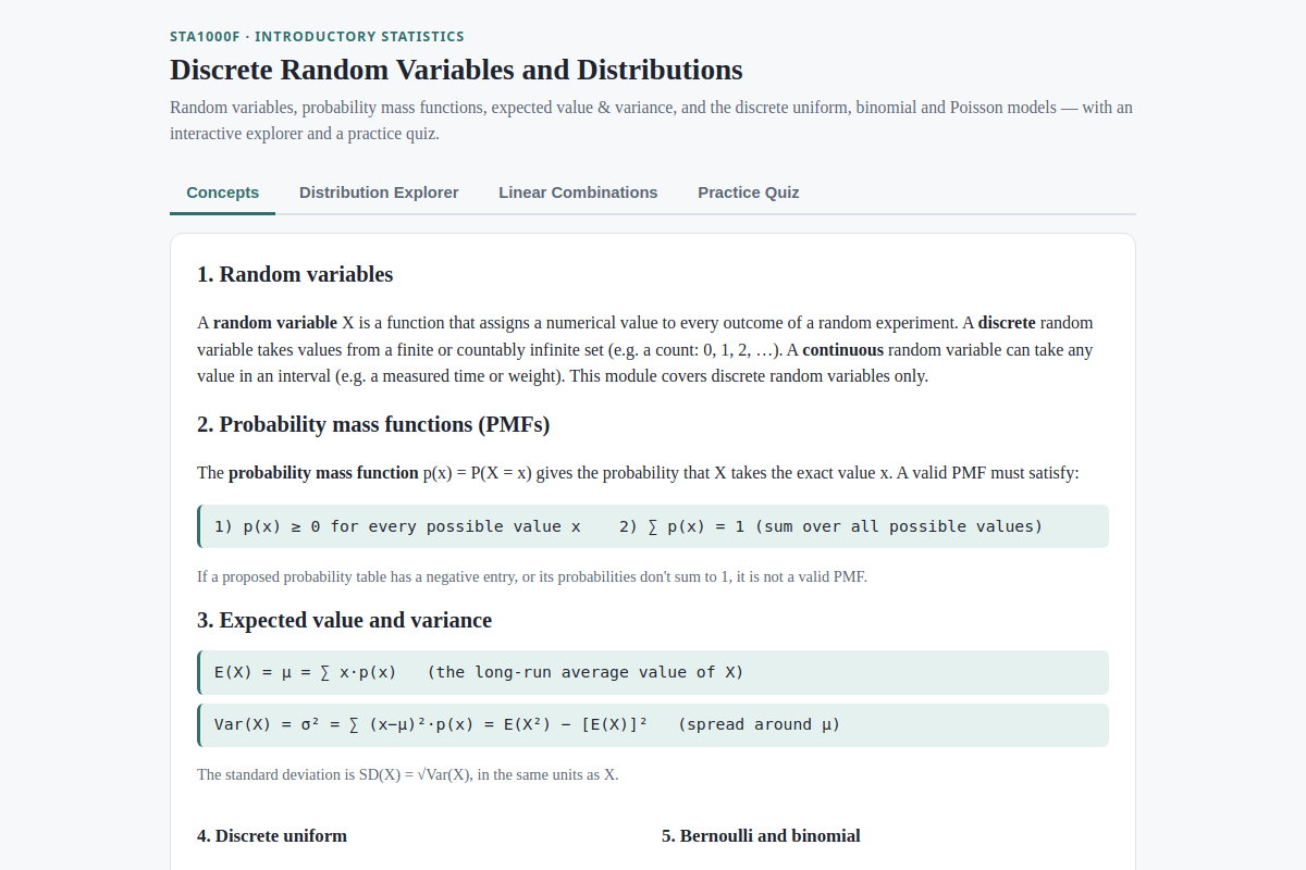 Preview of STA1000F: Discrete Random Variables and Distributions — PMFs, Binomial & Poisson