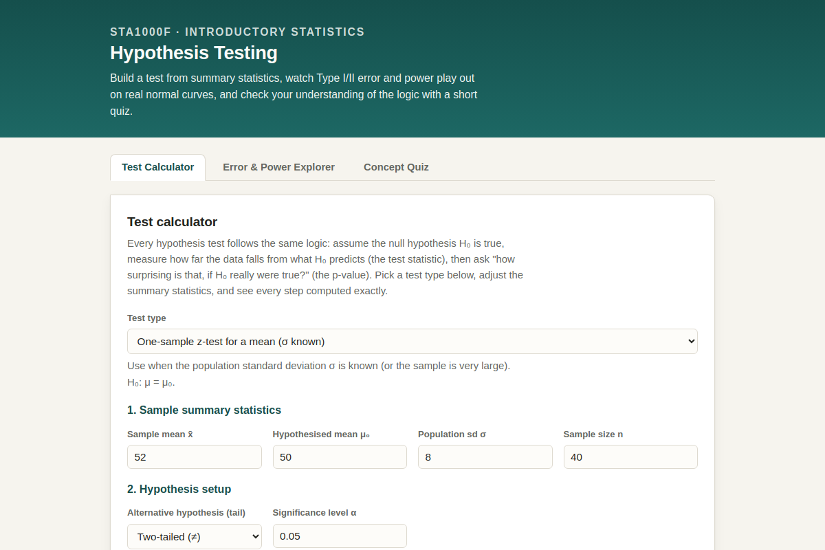 Preview of STA1000F Hypothesis Testing: z/t Tests, p-Values, Type I/II Error & Power