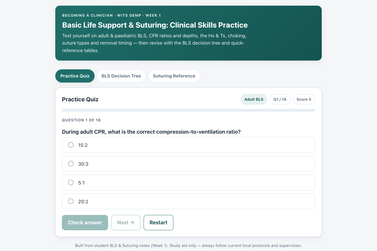 Preview of Becoming a Clinician (Wits GEMP): BLS Resuscitation, CPR & Suturing Quiz