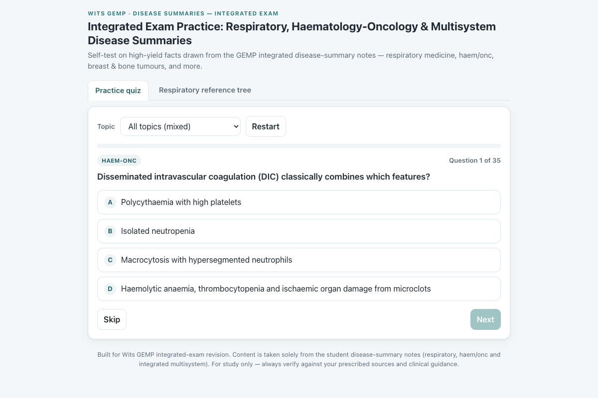 Preview of Wits GEMP Integrated Exam: Respiratory, Haem-Onc and Multisystem Disease Quiz