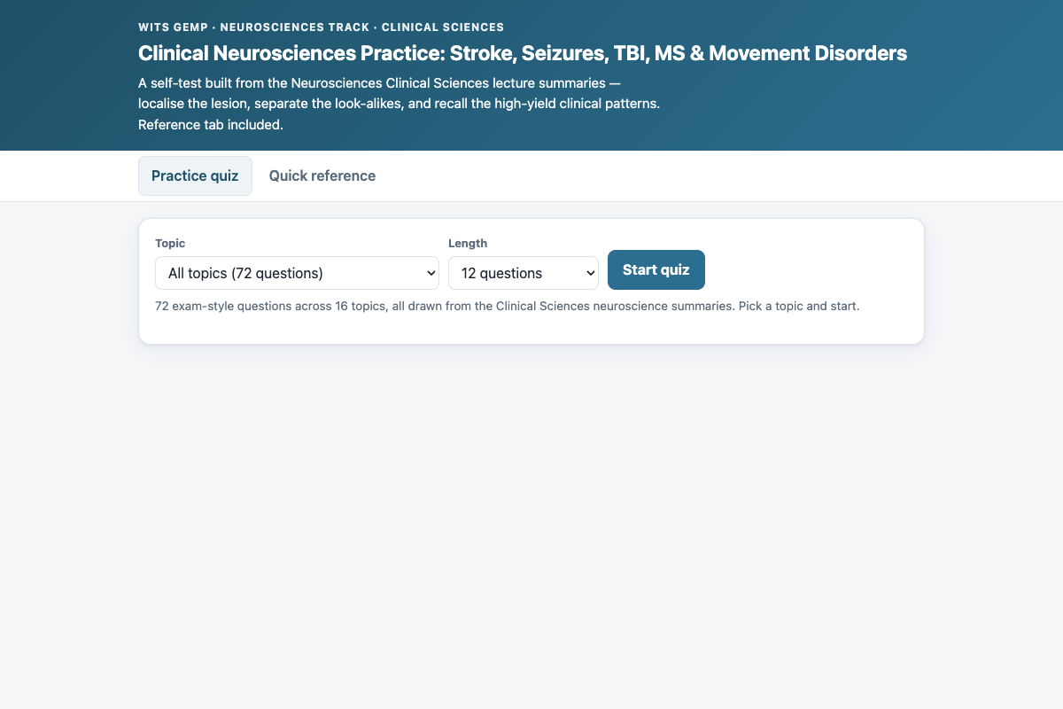 Preview of Neurosciences Clinical Sciences: Stroke, Seizures, TBI & Movement Disorders Quiz (Wits GEMP)
