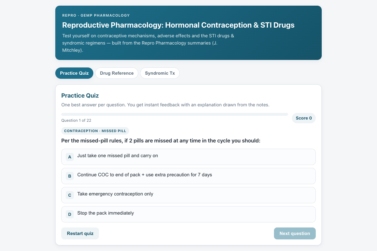 Preview of Repro Pharmacology: Hormonal Contraception & STI Drugs Quiz (GEMP)