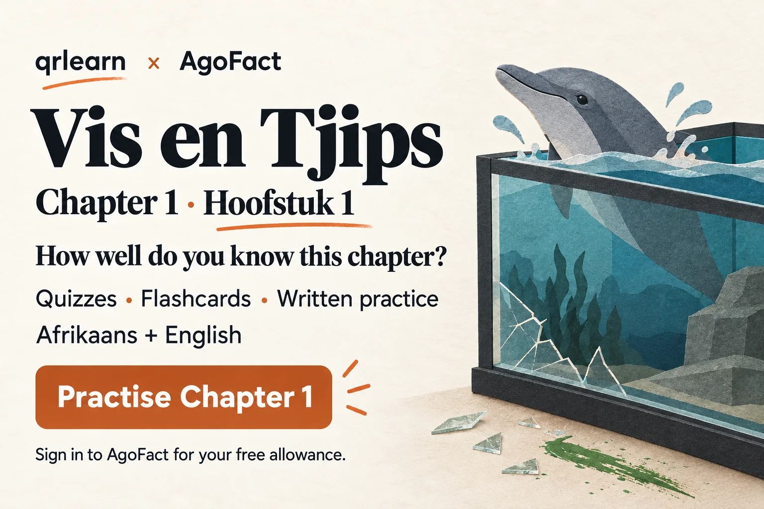 Practise Vis en Tjips Chapter 1 on AgoFact: quizzes, flashcards and written practice in Afrikaans and English. Sign in for your free allowance.