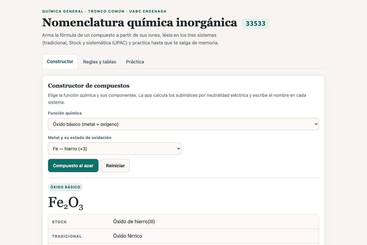 Preview of 33533: Nomenclatura química inorgánica — Constructor y práctica