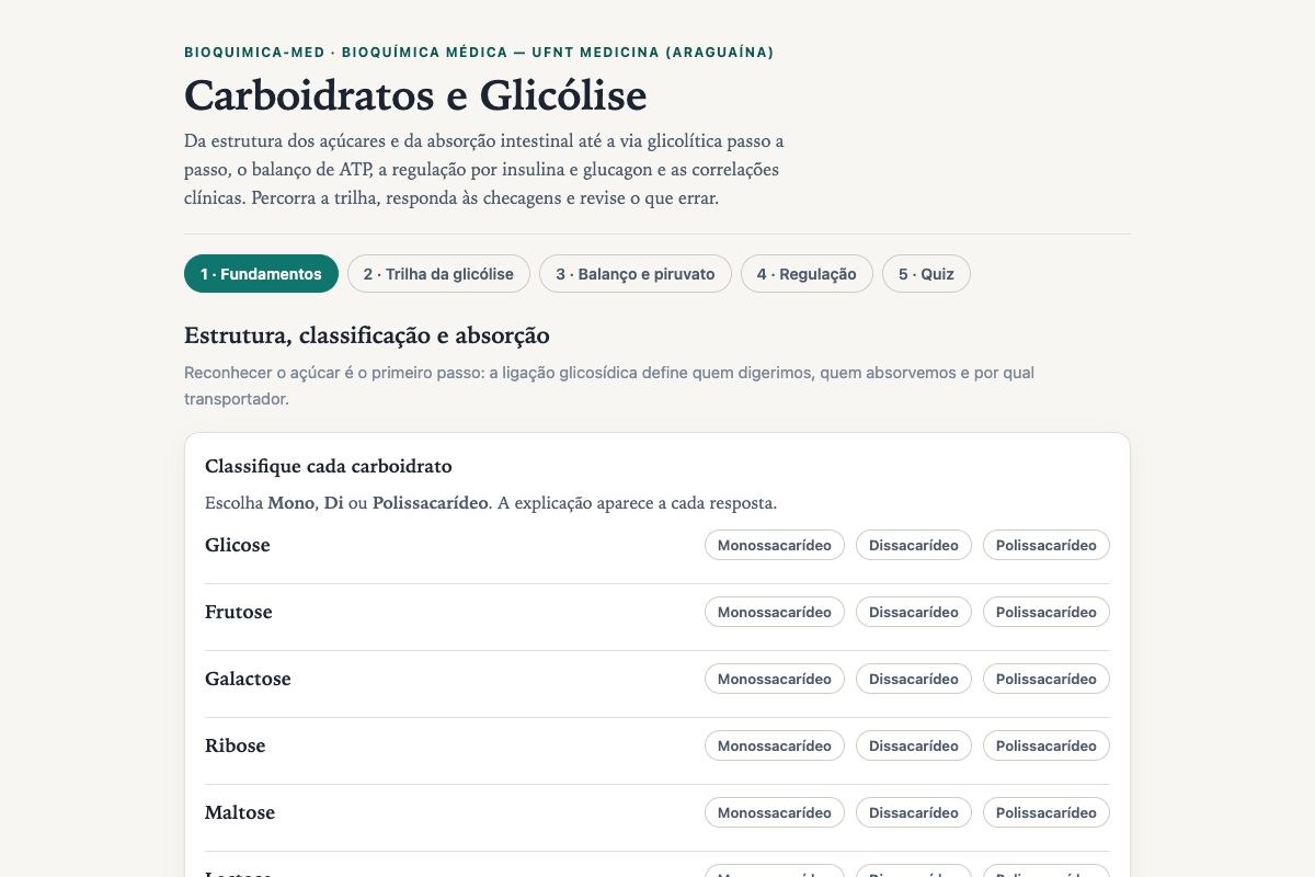 Preview of BIOQUIMICA-MED: Carboidratos e Glicólise — Trilha e Quiz
