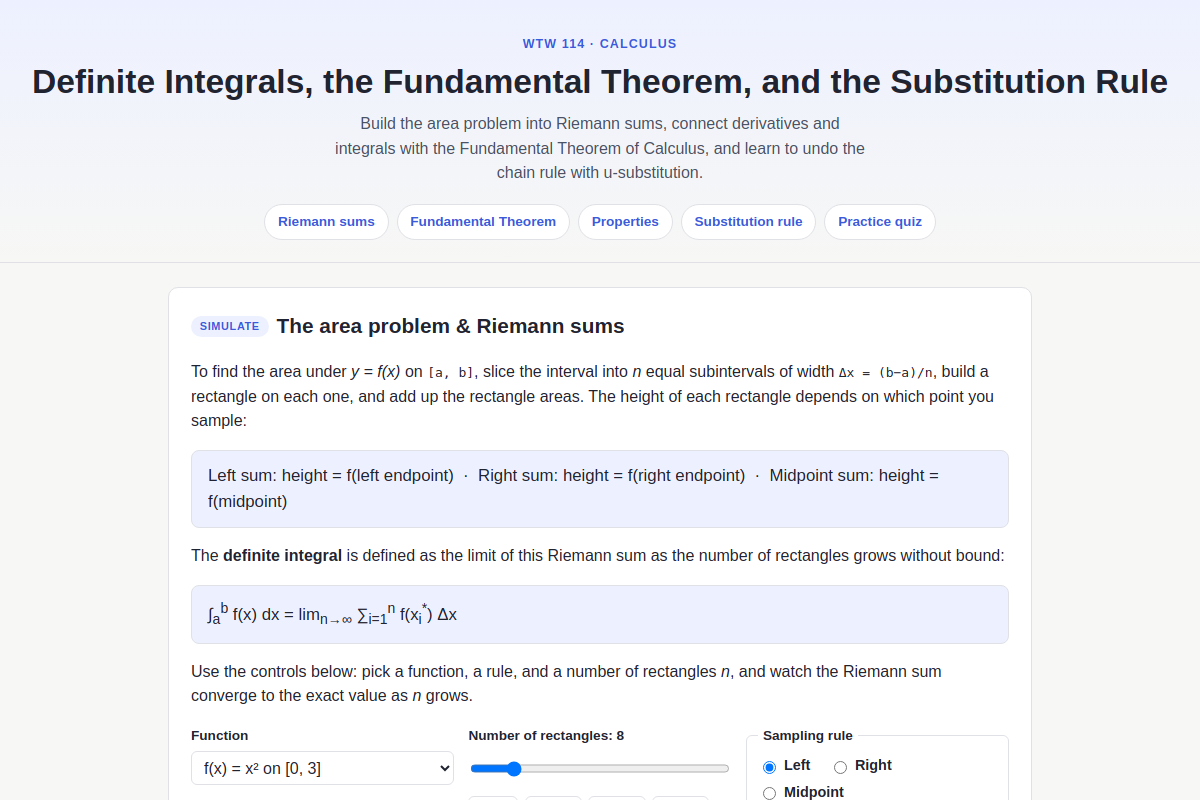 Preview of WTW 114: Definite Integrals, the Fundamental Theorem & Substitution Rule