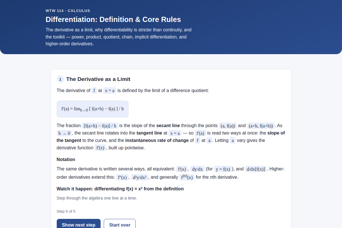 Preview of WTW 114: Differentiation — Definition & Core Rules Practice Quiz