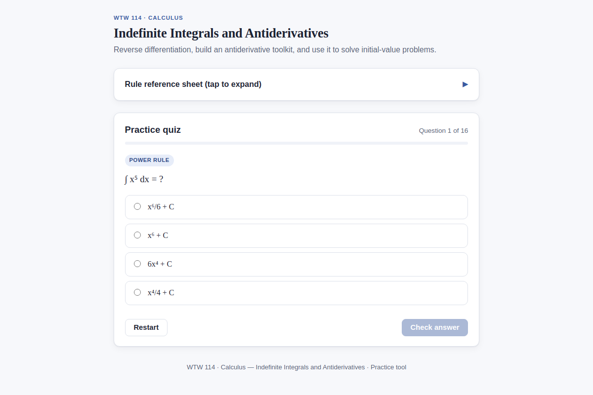 Preview of WTW 114: Indefinite Integrals and Antiderivatives — Practice Quiz
