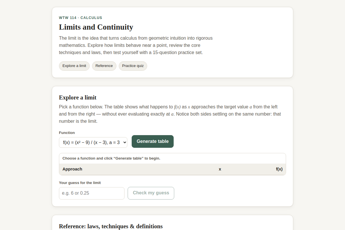 Preview of WTW 114: Limits and Continuity — Explorer & Practice Quiz