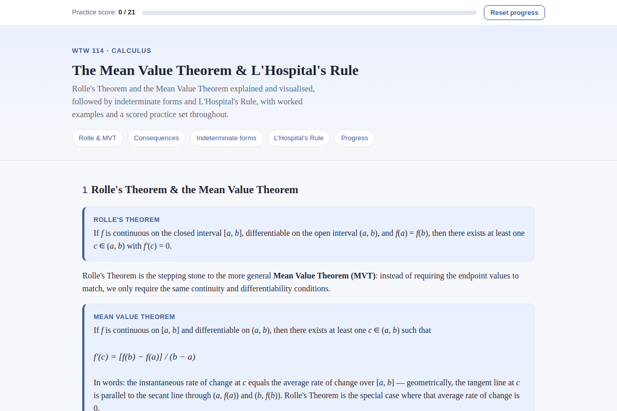 Preview of WTW 114: The Mean Value Theorem & L'Hospital's Rule — Interactive Practice