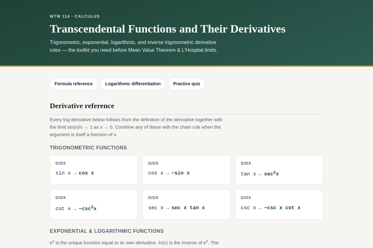Preview of WTW 114: Transcendental Functions — Derivative Rules & Practice